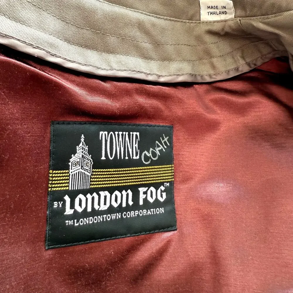 VTG London Fog Towne Trench Coat Mens 38 Short Khaki Brown Belted Lined Classic